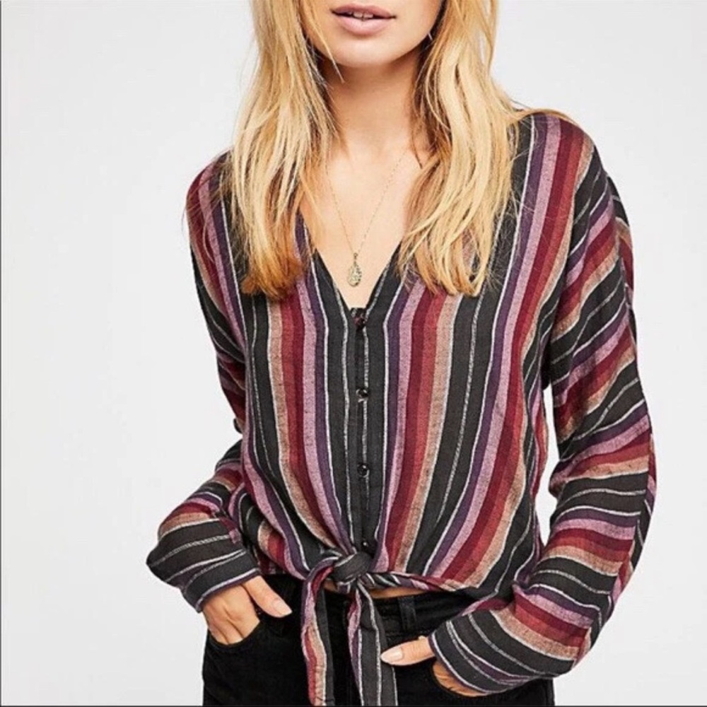 Rails Women's Solane Brava Stripe‎ Knot Front Long Sleeve Cropped Blouse M